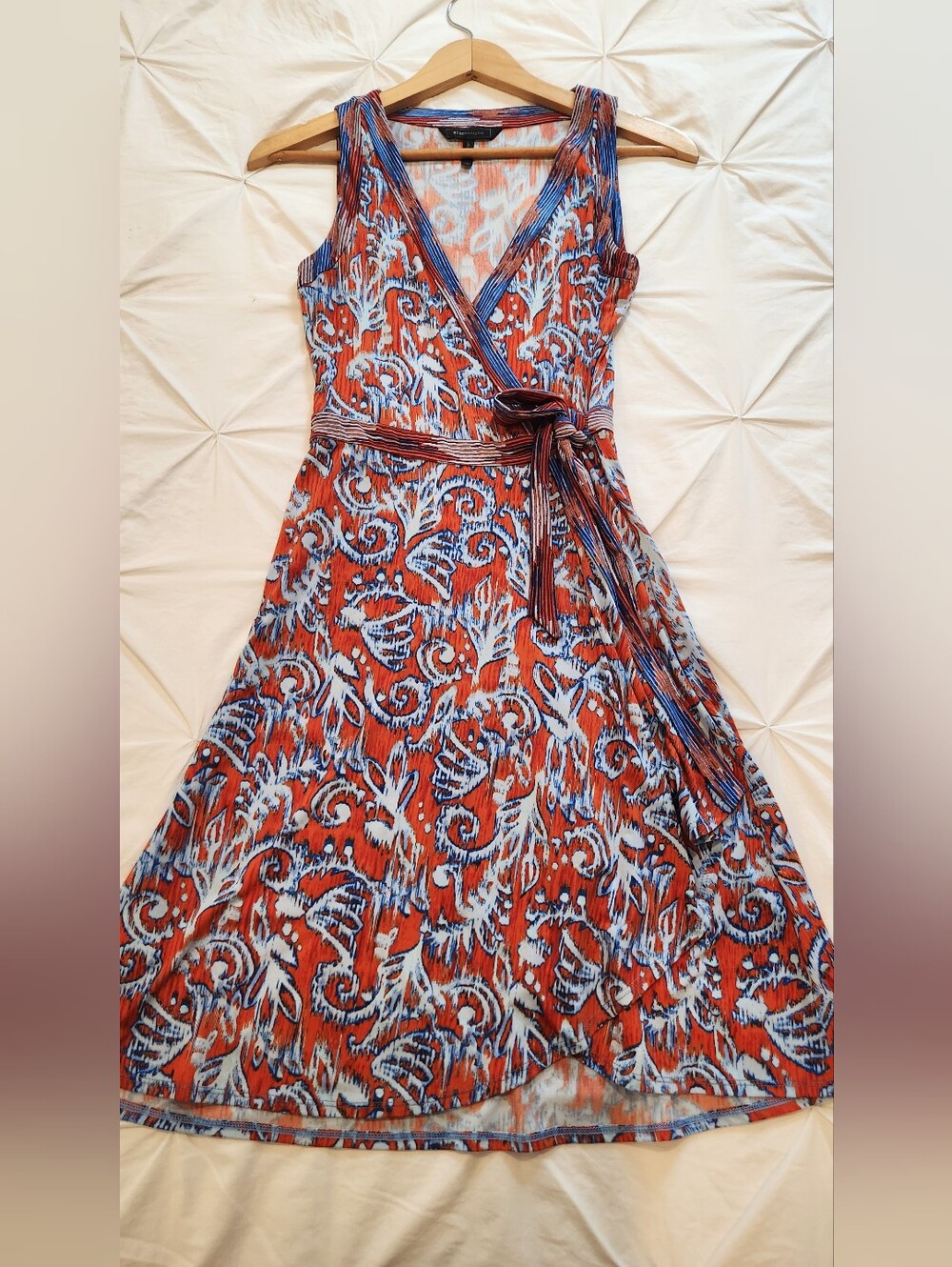 BCBG Max Azria Orange Blue Ikat Print Hallee Wrap Dress Size XS - Picture 8 of 12